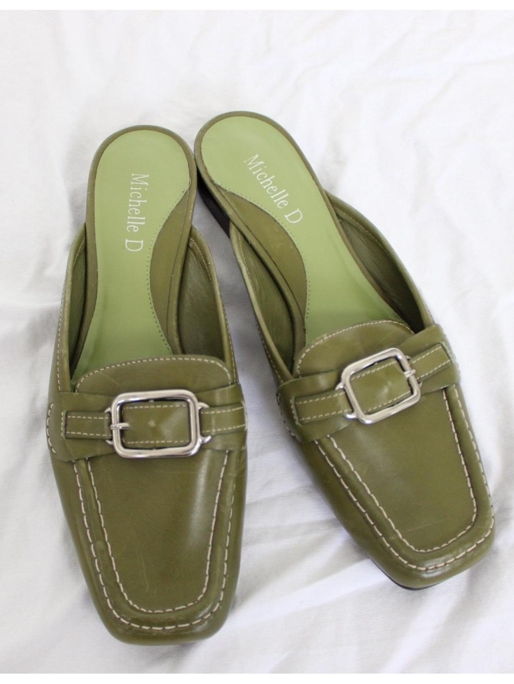 Michelle D Olive Green square-toe mule loafers. Size 7.5
